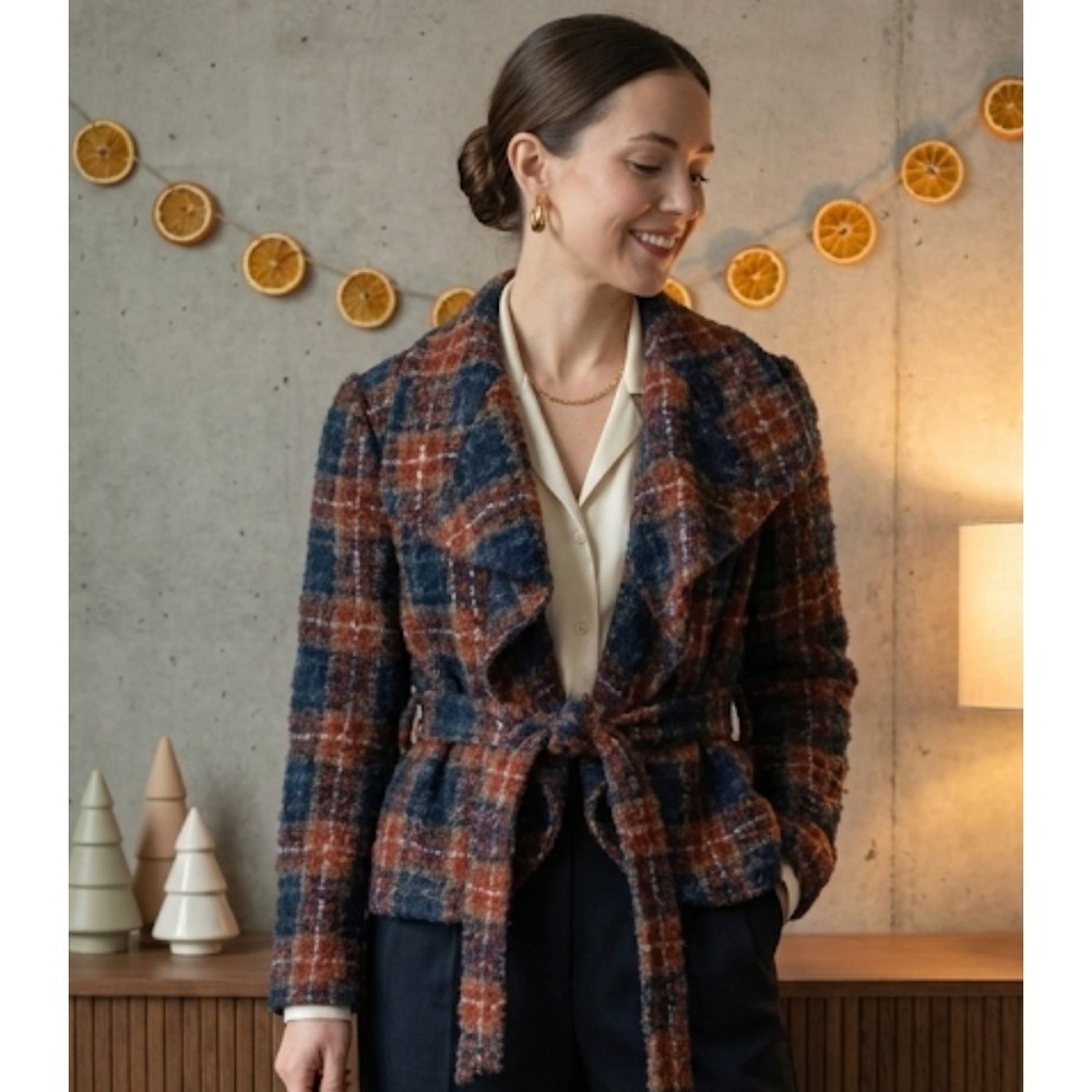 Tabitha Jacket Womens 2 Blue Orange Plaid Wool Blend Belted Ruffle‎ Shawl Collar
